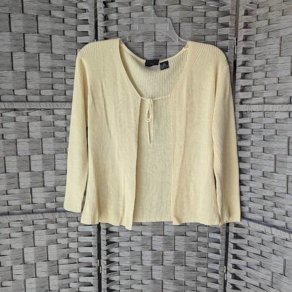Vtg 90s Cardigan Pastel Yellow Rib Knit Tie Front Sz M Soft Coquette Balletcore